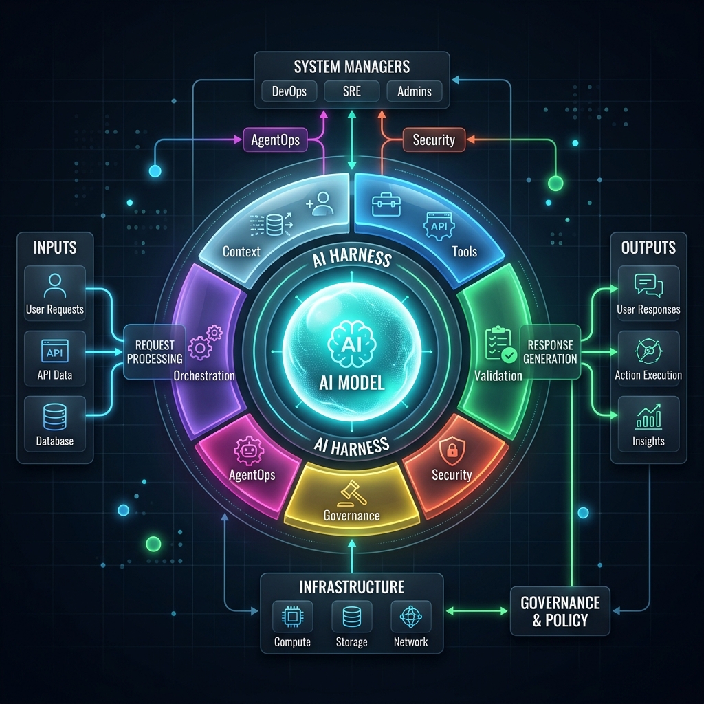 AI Harness diagram illustrating context, tools, validation, security, governance, AgentOps, and orchestration wrapping a central AI model